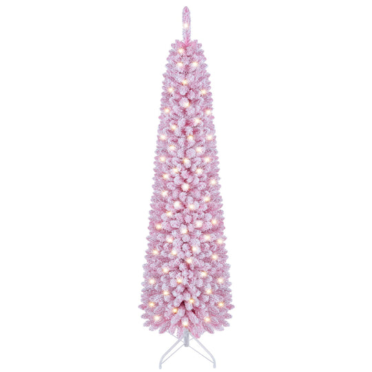 6 FT Pink Flocked Pre-Lit Pencil Christmas Tree with LED Lights
