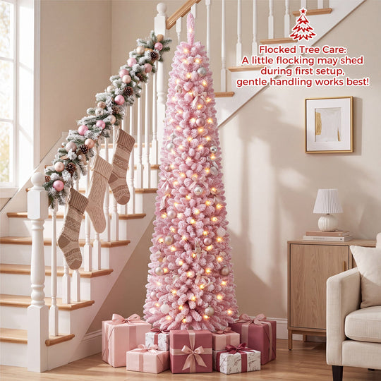 6 FT Pink Flocked Pre-Lit Pencil Christmas Tree with LED Lights
