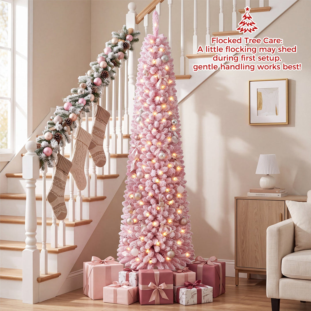 6 FT Pink Flocked Pre-Lit Pencil Christmas Tree with LED Lights