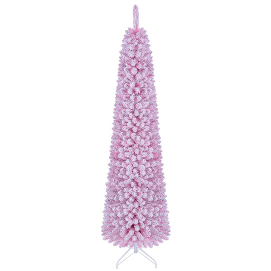 6 FT Pink Flocked Pre-Lit Pencil Christmas Tree with LED Lights