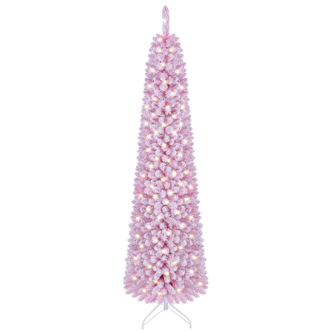 6 FT Pink Flocked Pre-Lit Pencil Christmas Tree with LED Lights