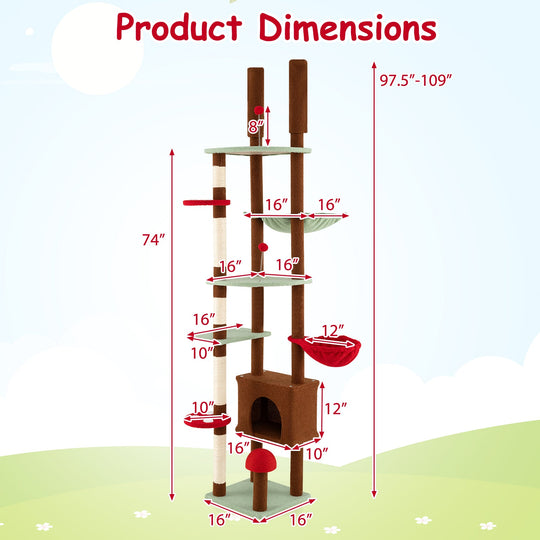 Floor to Ceiling Cat Tree Adjustable Mushroom Themed with Condo and Hammock-Brown