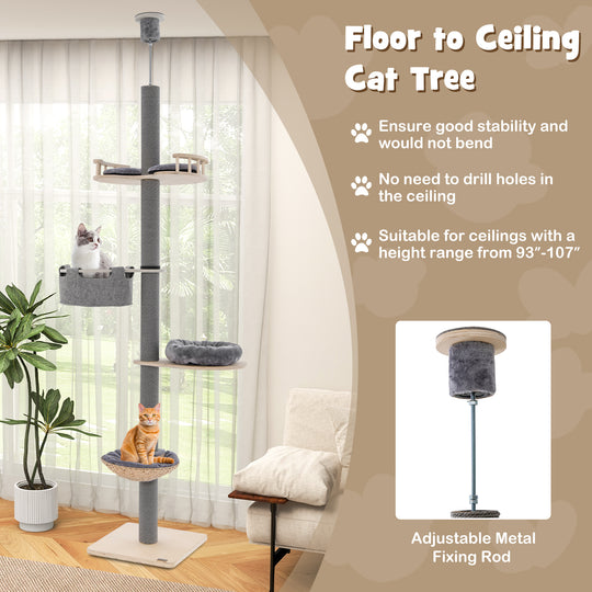 Floor to Ceiling Cat Tree with 93 Inch-107 Inch Adjustable Height-Gray