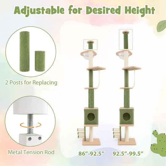 Floor to Ceiling Cat Tree with 86-99.5 Inch Adjustable Height and Extra Post-Green