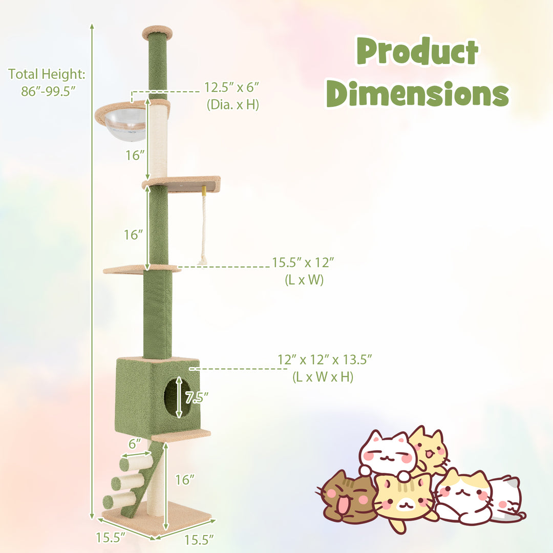 Floor to Ceiling Cat Tree with 86-99.5 Inch Adjustable Height and Extra Post-Green