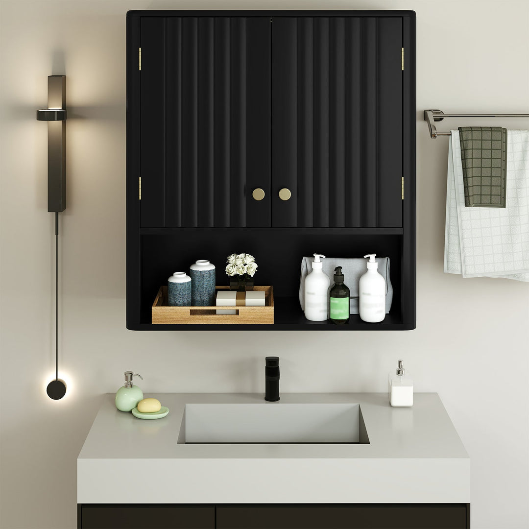 Fluted Bathroom Wall Cabinet with Open Shelf