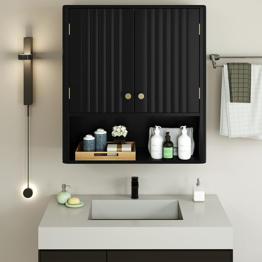 Fluted Bathroom Wall Cabinet with Open Shelf