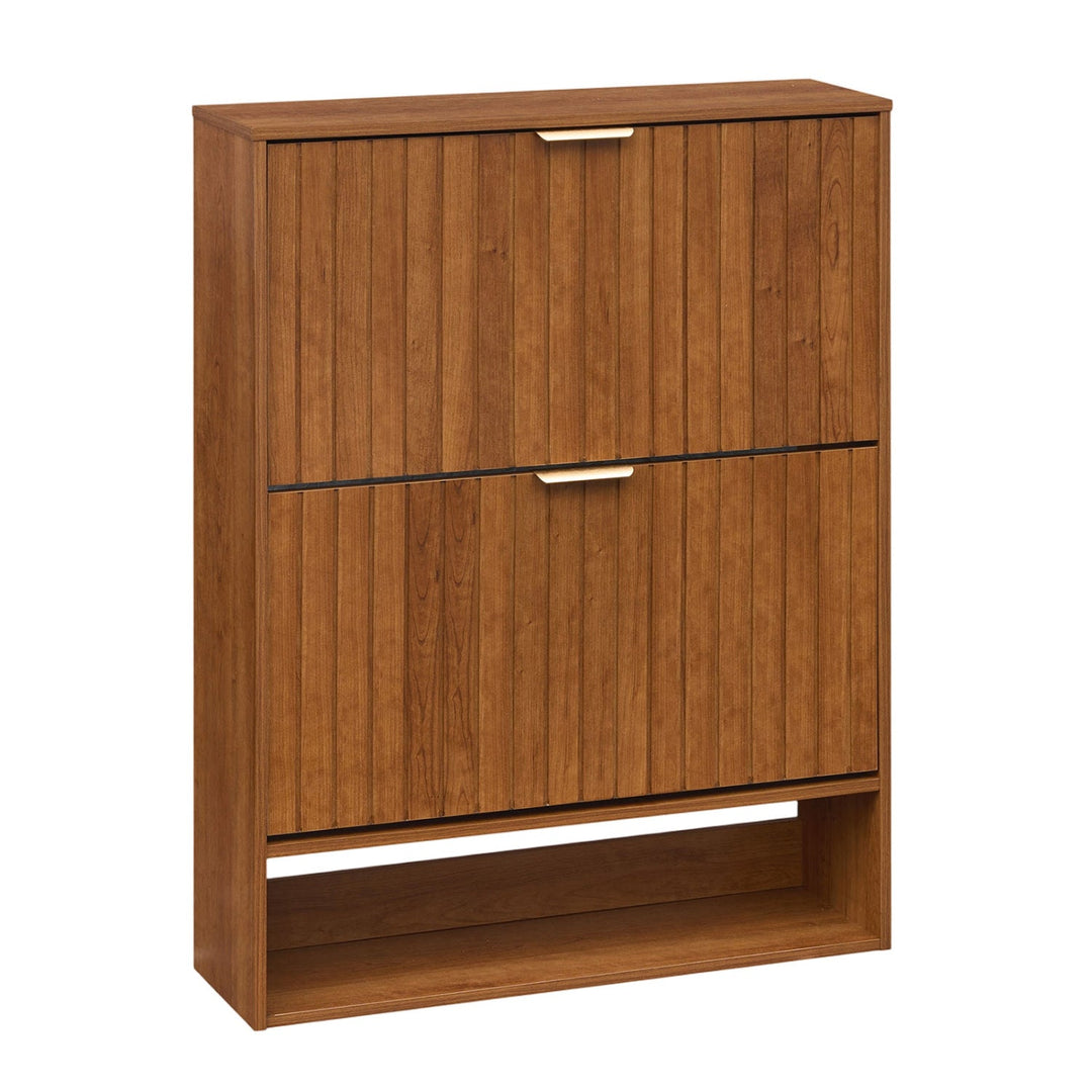 Fluted Shoe Cabinet with 2 Flip Drawers and Open Storage