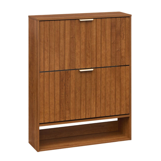 Fluted Shoe Cabinet with 2 Flip Drawers and Open Storage