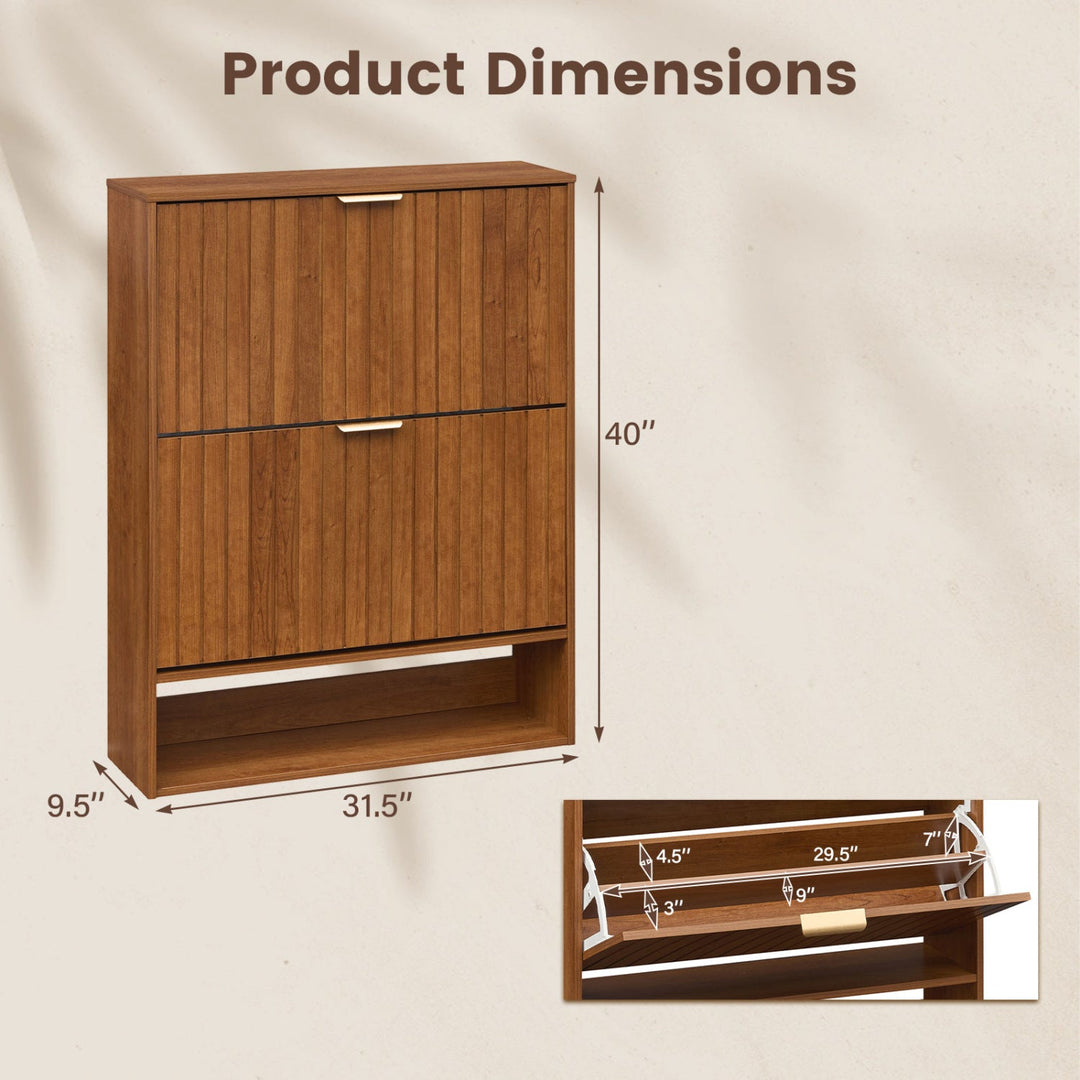 Fluted Shoe Cabinet with 2 Flip Drawers and Open Storage