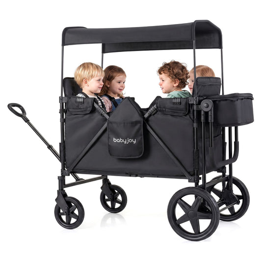 Foldable 4-Seater Push-Pull Wagon Stroller with Adjustable Canopy and Handles