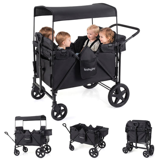 Foldable 4-Seater Push-Pull Wagon Stroller with Adjustable Canopy and Handles