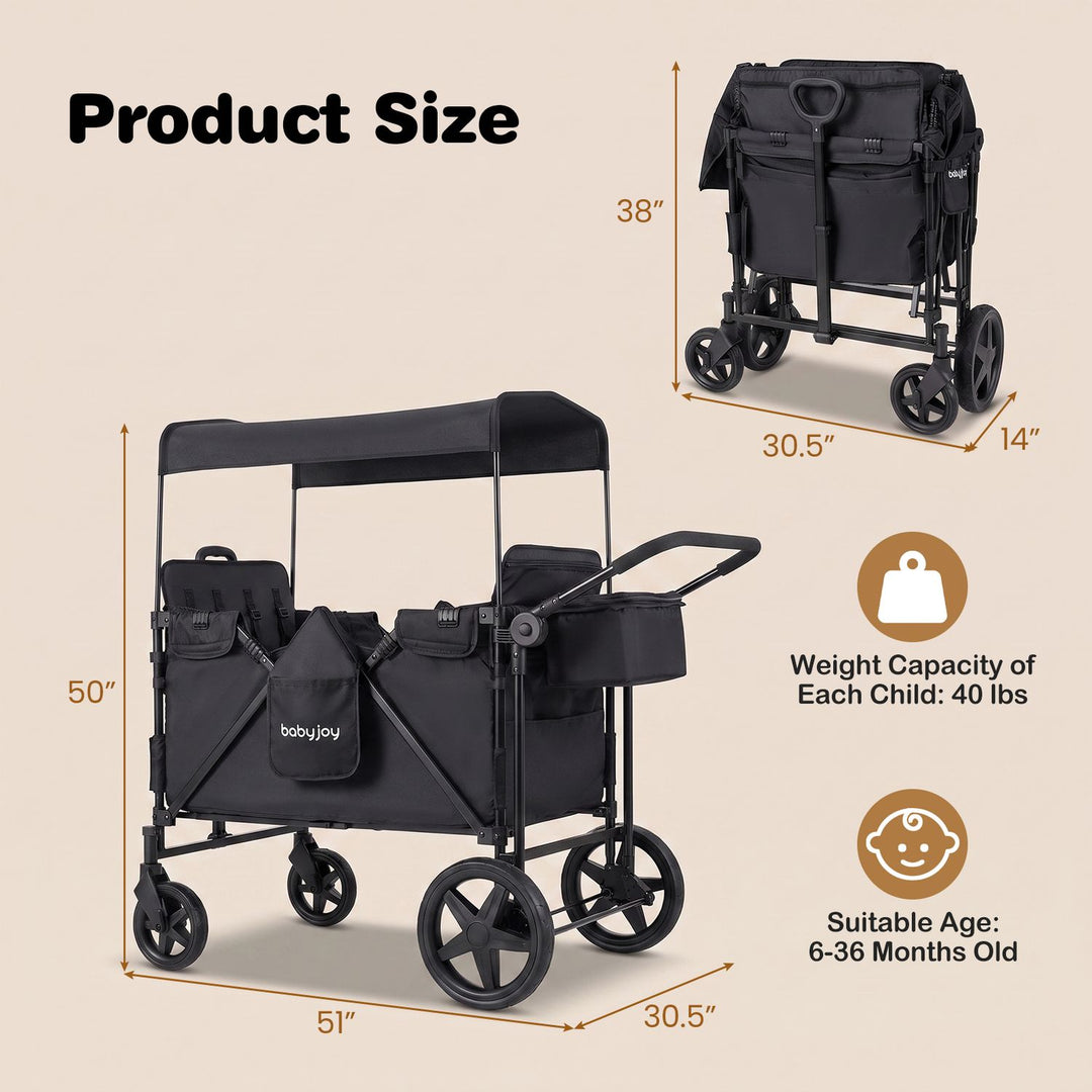 Foldable 4-Seater Push-Pull Wagon Stroller with Adjustable Canopy and Handles