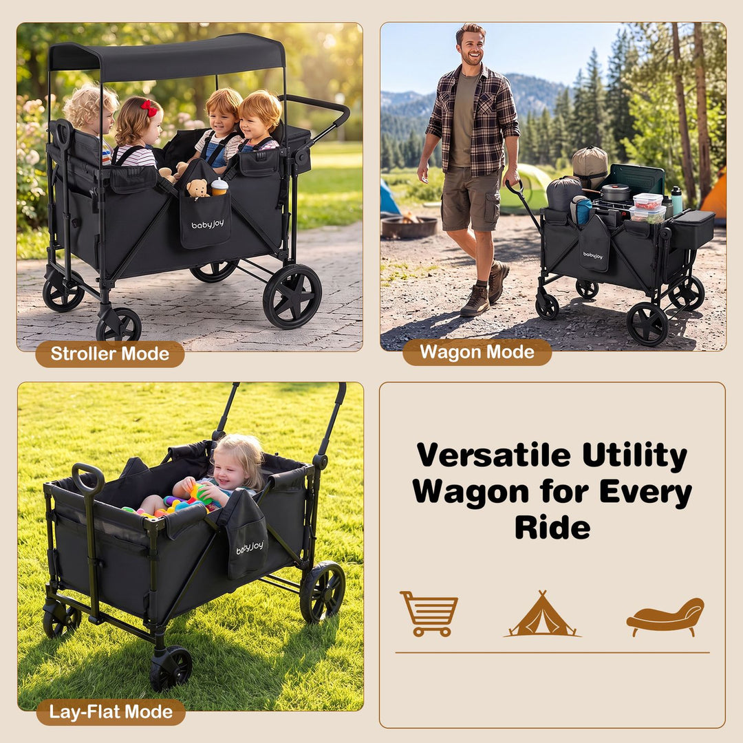Foldable 4-Seater Push-Pull Wagon Stroller with Adjustable Canopy and Handles