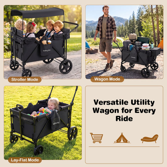 Foldable 4-Seater Push-Pull Wagon Stroller with Adjustable Canopy and Handles
