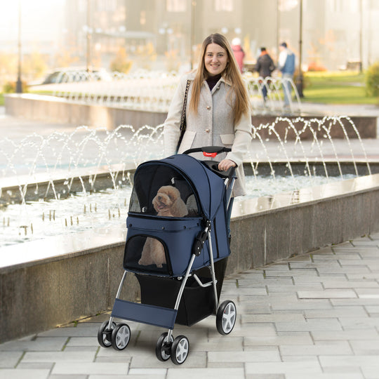 Folding Pet Stroller with Storage Basket and Adjustable Canopy-Navy