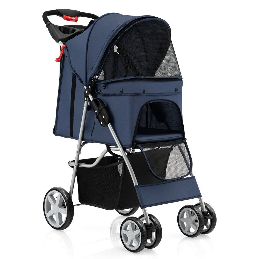 Folding Pet Stroller with Storage Basket and Adjustable Canopy-Navy