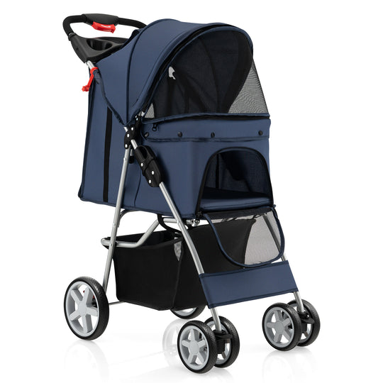 Folding Pet Stroller with Storage Basket and Adjustable Canopy-Navy