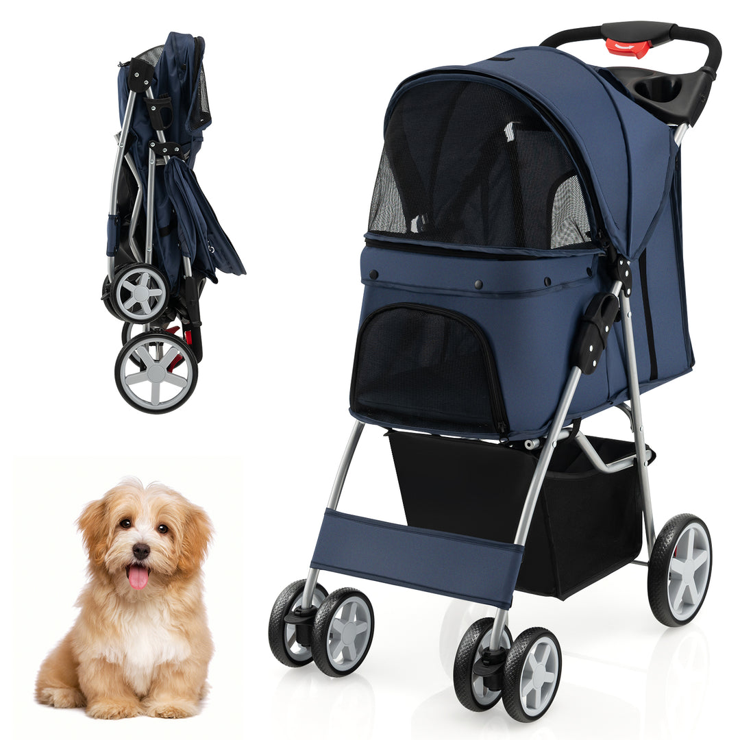 Folding Pet Stroller with Storage Basket and Adjustable Canopy-Navy