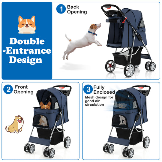 Folding Pet Stroller with Storage Basket and Adjustable Canopy-Navy