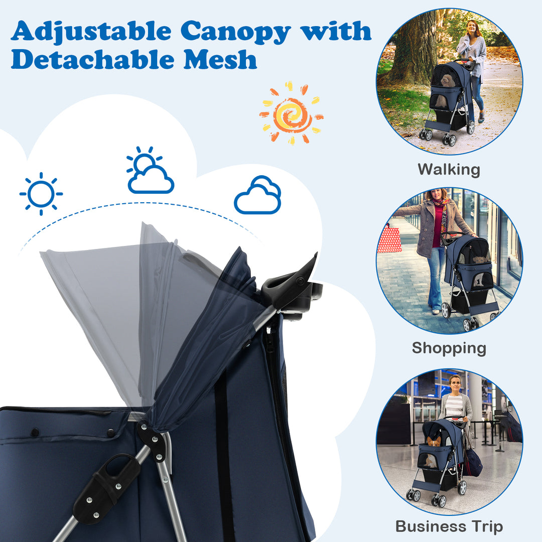 Folding Pet Stroller with Storage Basket and Adjustable Canopy-Navy