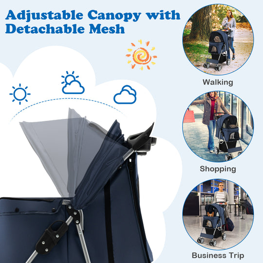 Folding Pet Stroller with Storage Basket and Adjustable Canopy-Navy
