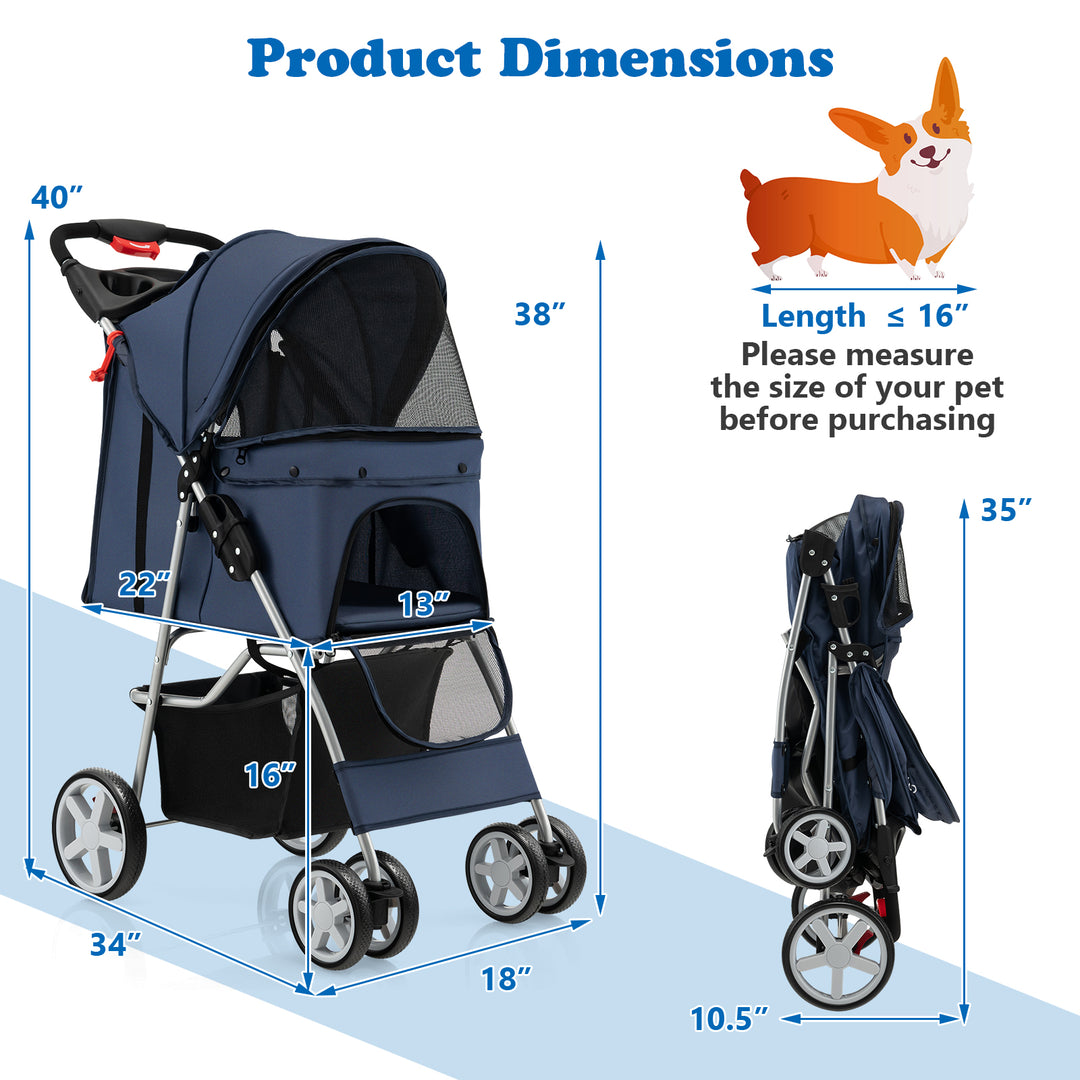 Folding Pet Stroller with Storage Basket and Adjustable Canopy-Navy