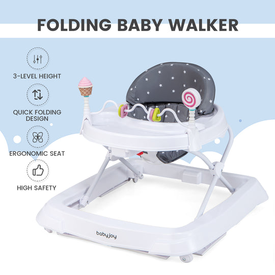 Foldable Baby Activity Walker with Adjustable Height and Detachable Seat Cushion-Gray