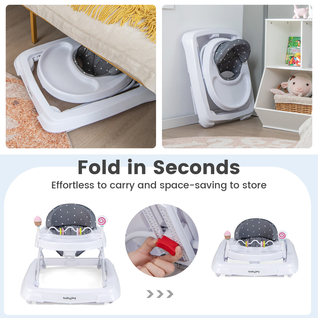Foldable Baby Activity Walker with Adjustable Height and Detachable Seat Cushion-Gray
