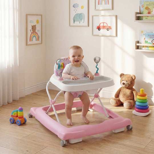 Foldable Baby Walker with Removable Seat and Adjustable Height for 6-12 Months