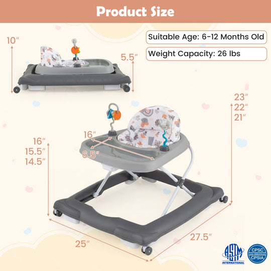 Foldable Baby Walker with Removable Seat and Adjustable Height for 6-12 Months