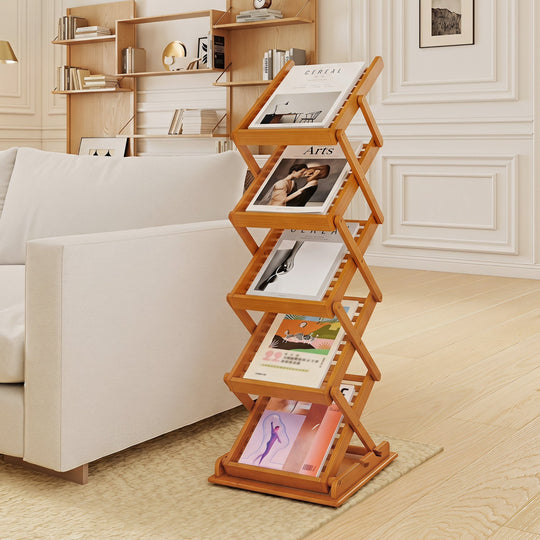 Foldable Bamboo Magazine Rack with 5 Tiers and 2 Positions