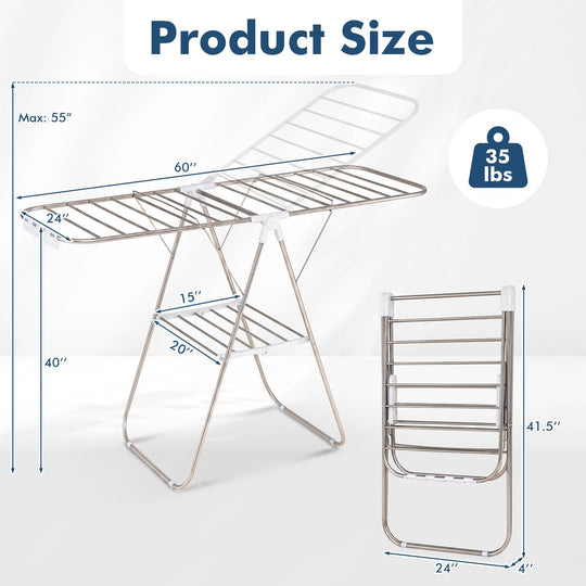Foldable Clothes Drying Rack with Sock Clips Heavy-Duty Stainless Steel Frame