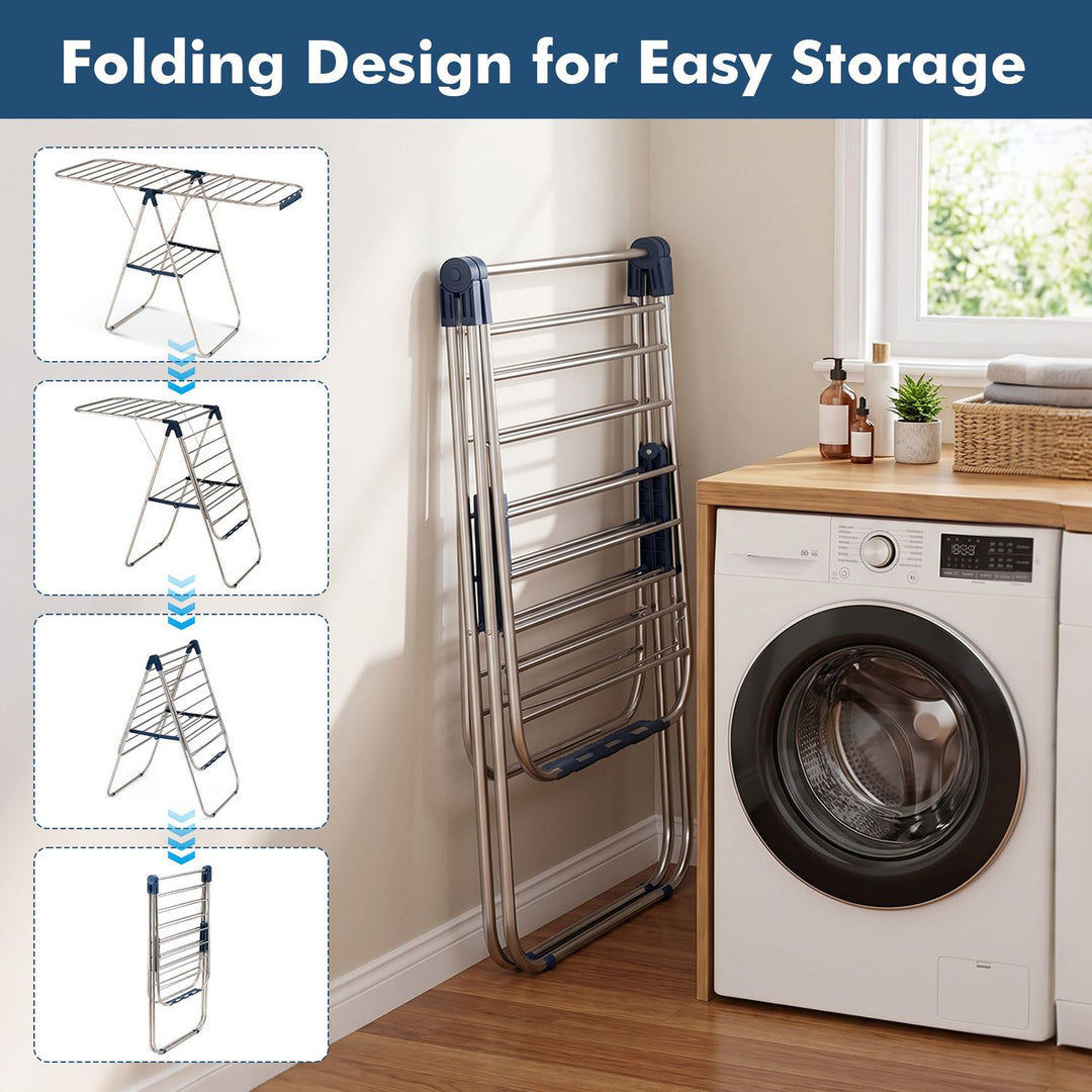 Foldable Clothes Drying Rack with Sock Clips Heavy-Duty Stainless Steel Frame
