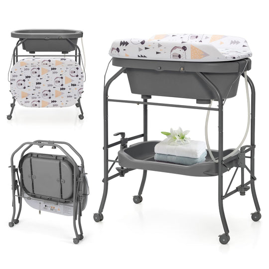 Foldable Diaper Changing Table on Wheels with Bathtub for 0-12 Months Old Babies and Infants