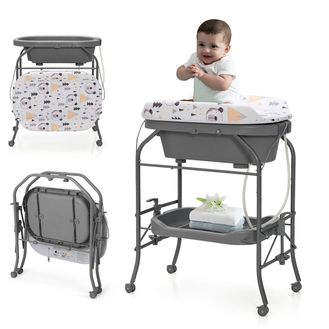 Foldable Diaper Changing Table on Wheels with Bathtub for 0-12 Months Old Babies and Infants