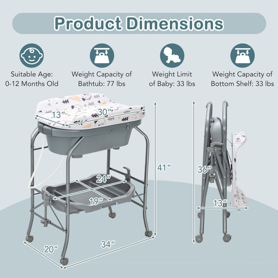 Foldable Diaper Changing Table on Wheels with Bathtub for 0-12 Months Old Babies and Infants