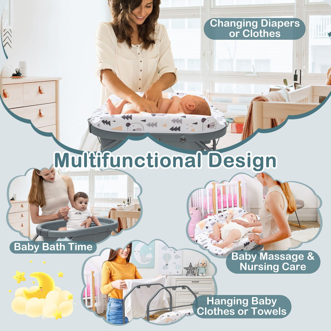 Foldable Diaper Changing Table on Wheels with Bathtub for 0-12 Months Old Babies and Infants