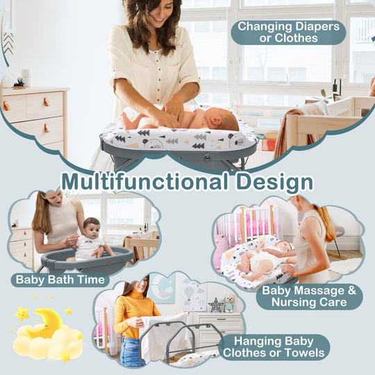 Foldable Diaper Changing Table on Wheels with Bathtub for 0-12 Months Old Babies and Infants