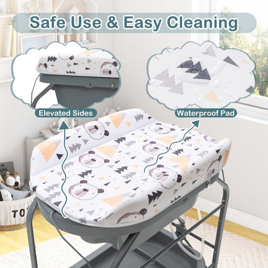 Foldable Diaper Changing Table on Wheels with Bathtub for 0-12 Months Old Babies and Infants