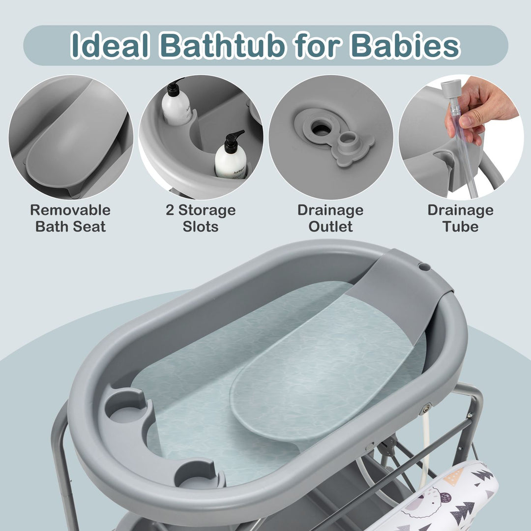 Foldable Diaper Changing Table on Wheels with Bathtub for 0-12 Months Old Babies and Infants