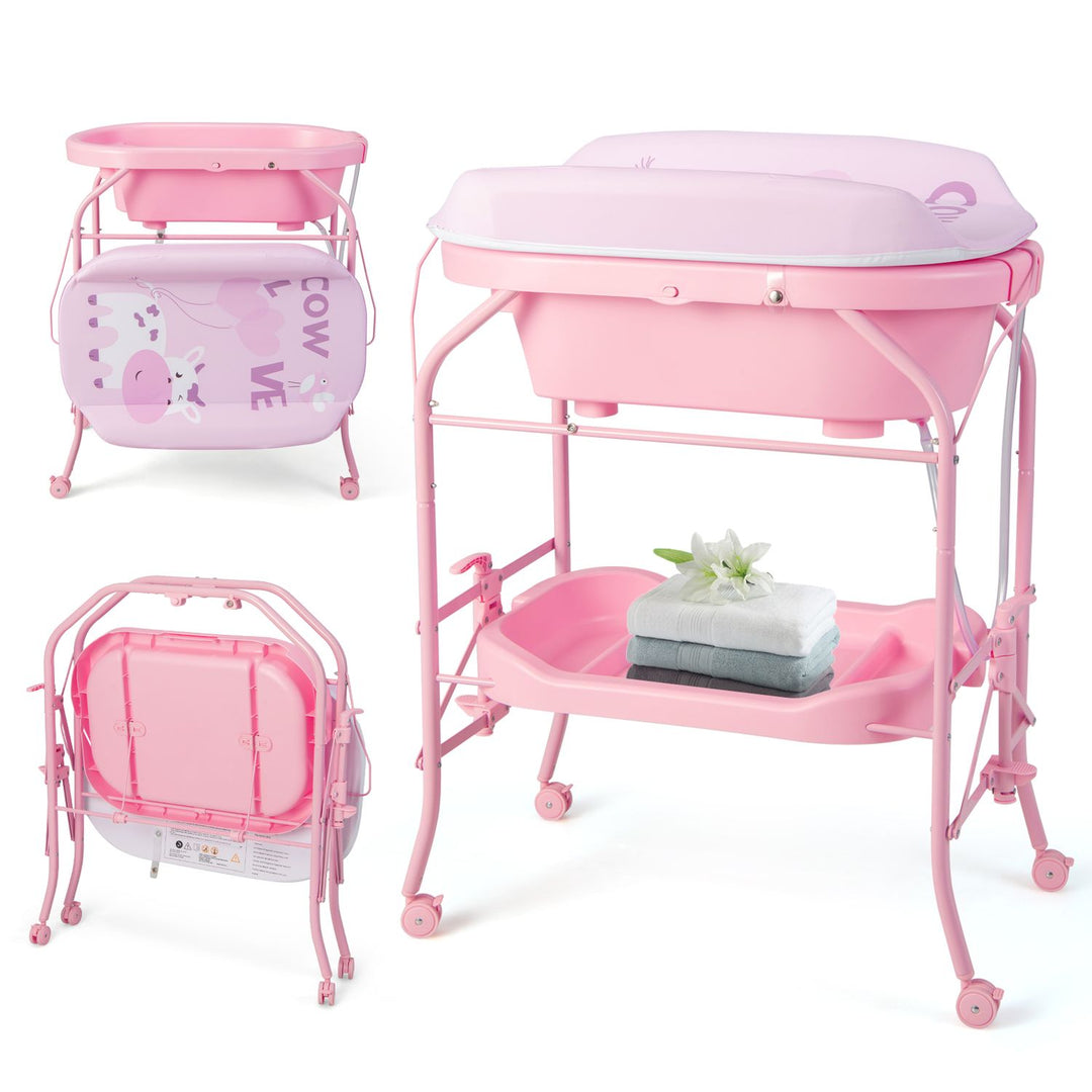 Foldable Diaper Changing Table on Wheels with Bathtub for 0-12 Months Old Babies and Infants