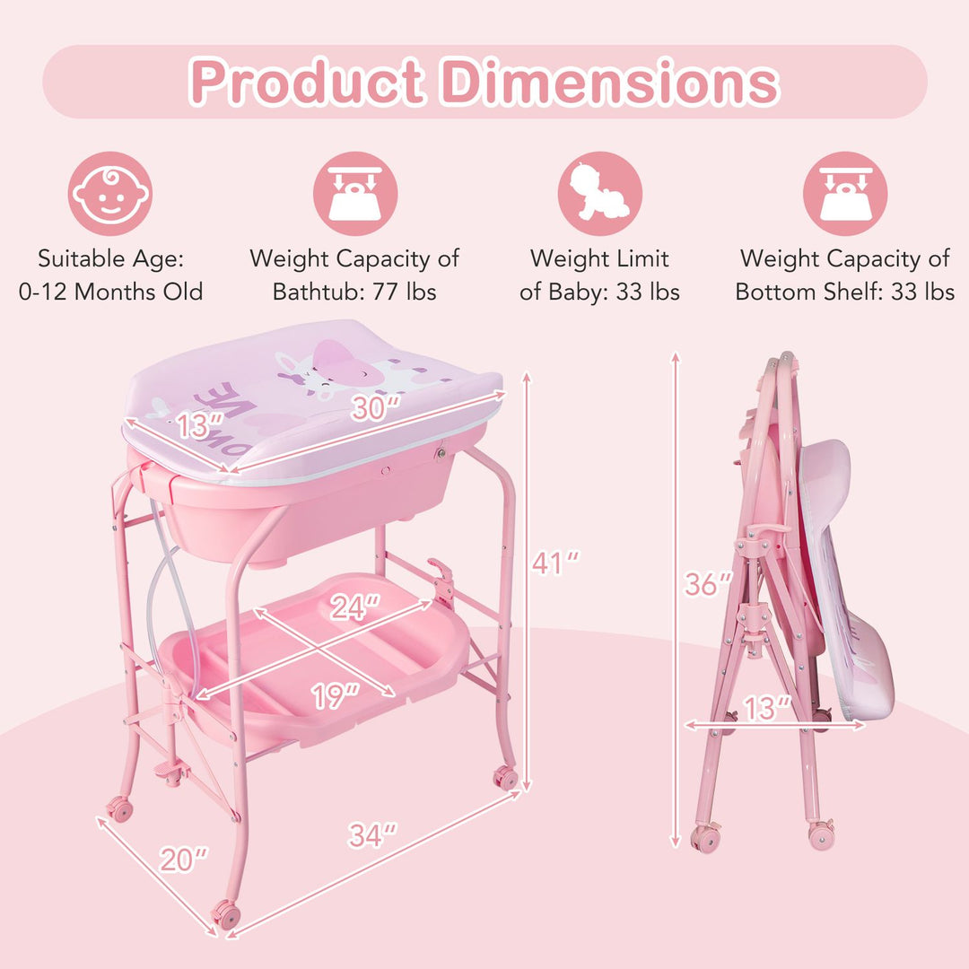 Foldable Diaper Changing Table on Wheels with Bathtub for 0-12 Months Old Babies and Infants
