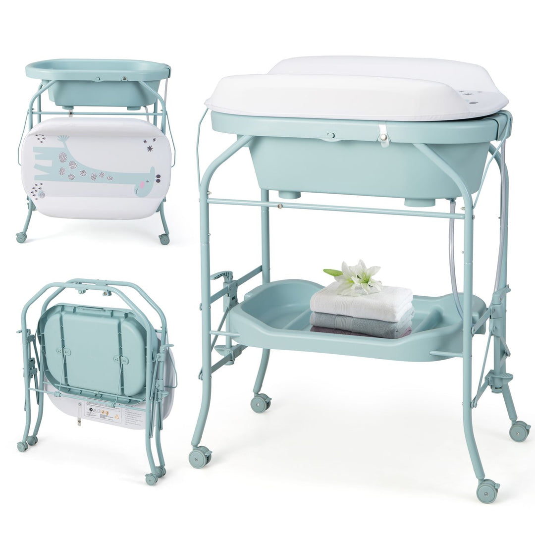 Foldable Diaper Changing Table on Wheels with Bathtub for 0-12 Months Old Babies and Infants