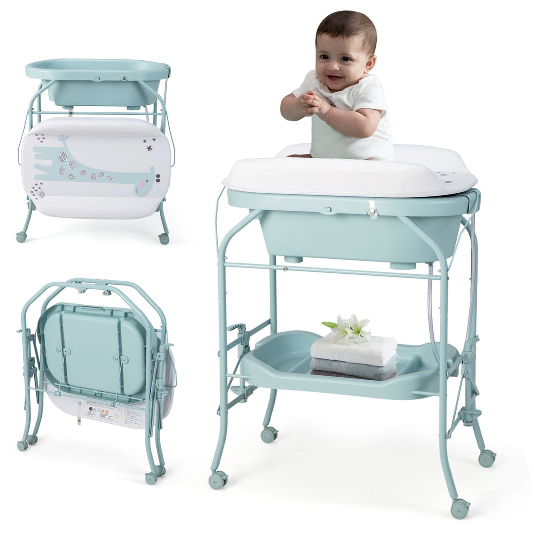Foldable Diaper Changing Table on Wheels with Bathtub for 0-12 Months Old Babies and Infants