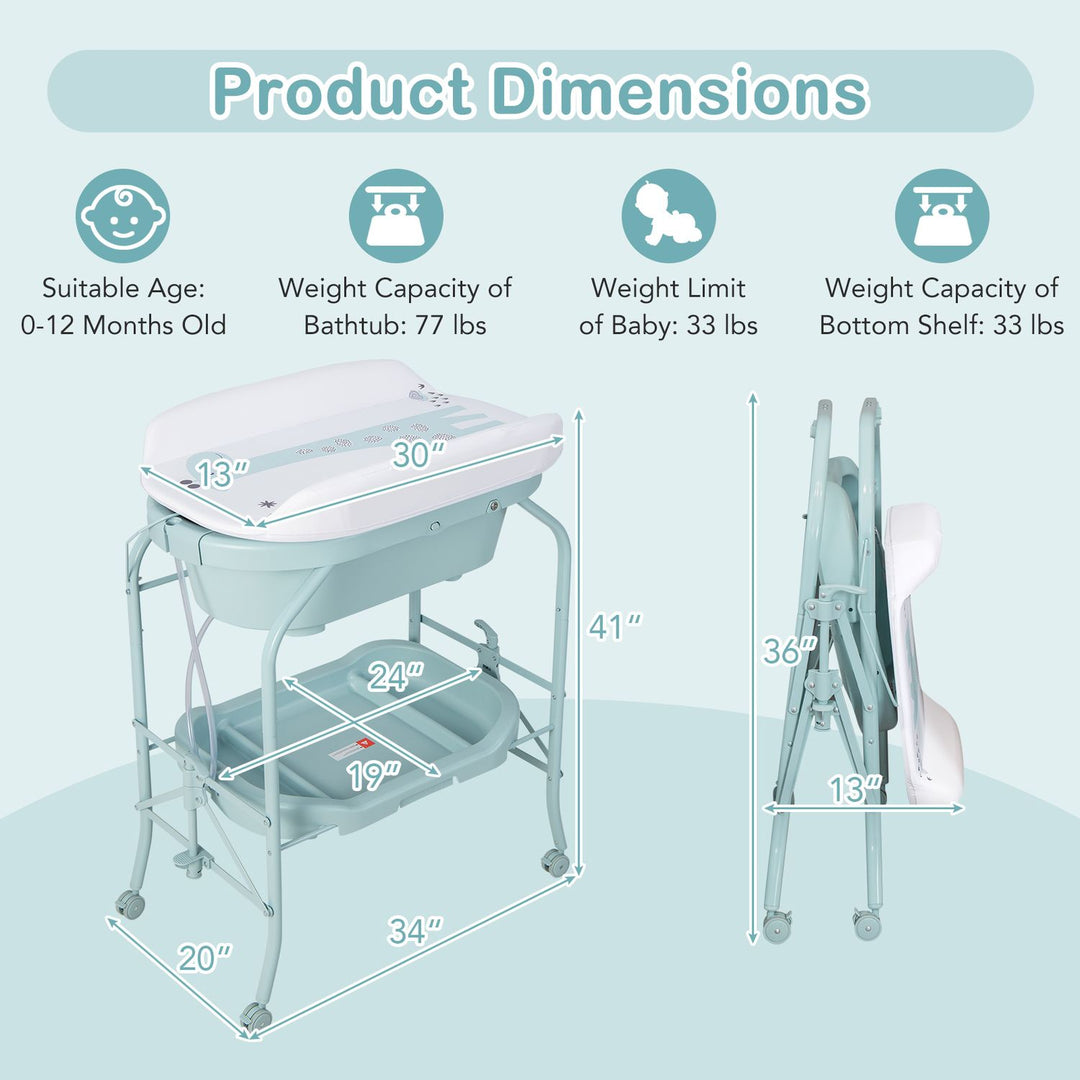 Foldable Diaper Changing Table on Wheels with Bathtub for 0-12 Months Old Babies and Infants