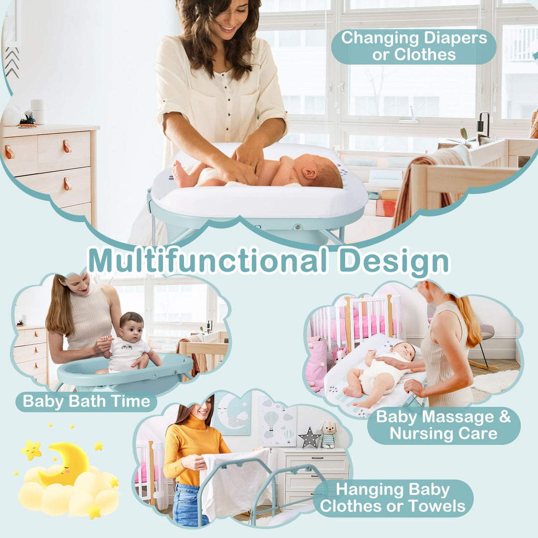 Foldable Diaper Changing Table on Wheels with Bathtub for 0-12 Months Old Babies and Infants