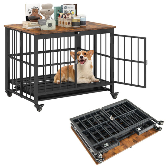Foldable Dog Crate Furniture with Removable Tray and Lockable Door