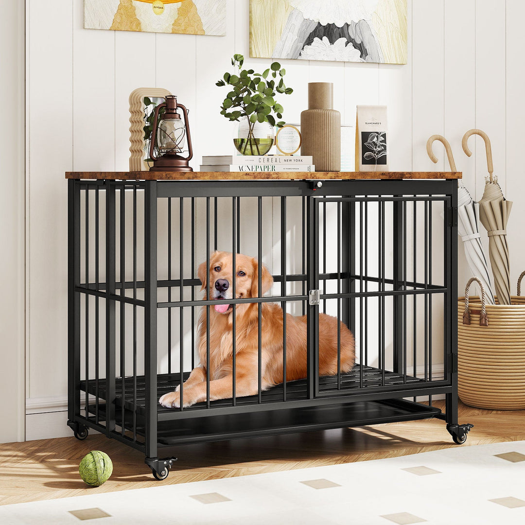 Foldable Dog Crate Furniture with Removable Tray and Lockable Door