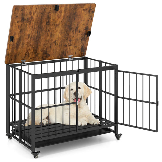 Foldable Dog Crate Furniture with Removable Tray and Lockable Door